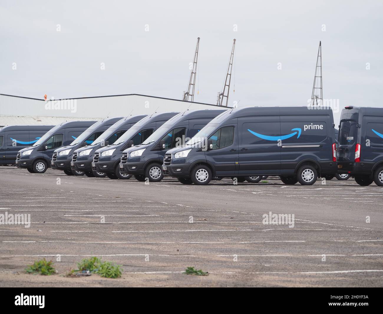 Sheerness, Kent, UK. 15th October, 2021. Rows of Amazon Prime delivery vans seen inside the Port of Sheerness, Kent. Retailers are facing issues with fulfillment this year due to supply chain issues.   Credit: James Bell/Alamy Live News Stock Photo