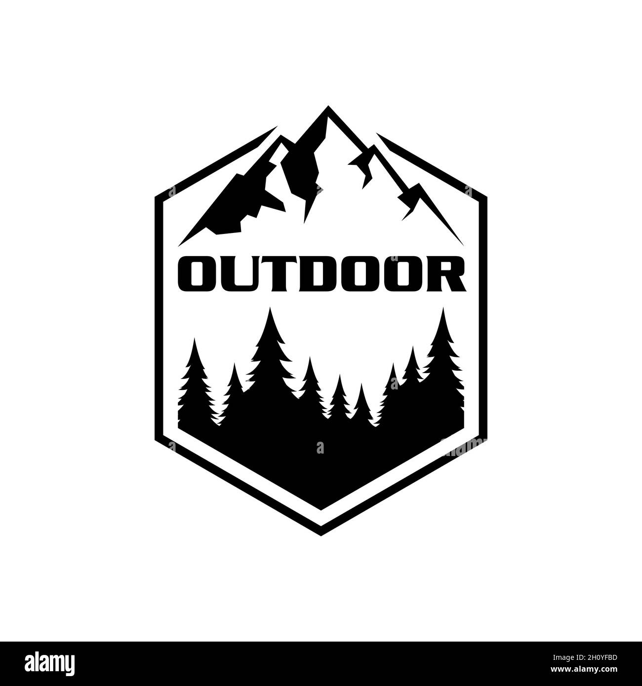 mountain and pine tree badge, Logo design related to outdoor activity Stock Photo