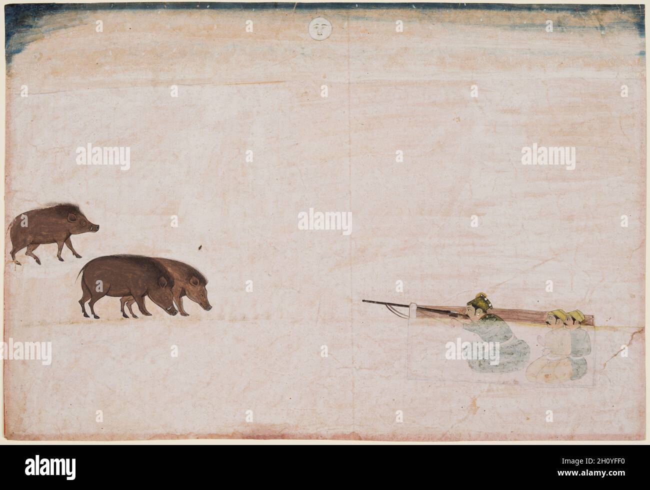 Raja Ram Chand of Amber (r. 1667–88) Hunting Wild Boar, c. 1670. Northwestern India, Rajasthan, Rajput Kingdom of Amber. Gum tempera and gold on paper; miniature: 26 x 37.8 cm (10 1/4 x 14 7/8 in.).  A Rajput king on a nocturnal hunt points his rifle toward three boars standing amid faint tufts of grass. The raja and his two attendants sit concealed behind a hunting blind, and we see their figures through a thin white screen that blends with the mists and sands in the milky moonlight. The raja, dressed in a green jama (long belted tunic), eyes his quarry intently, nearly ready to fire a bullet Stock Photo