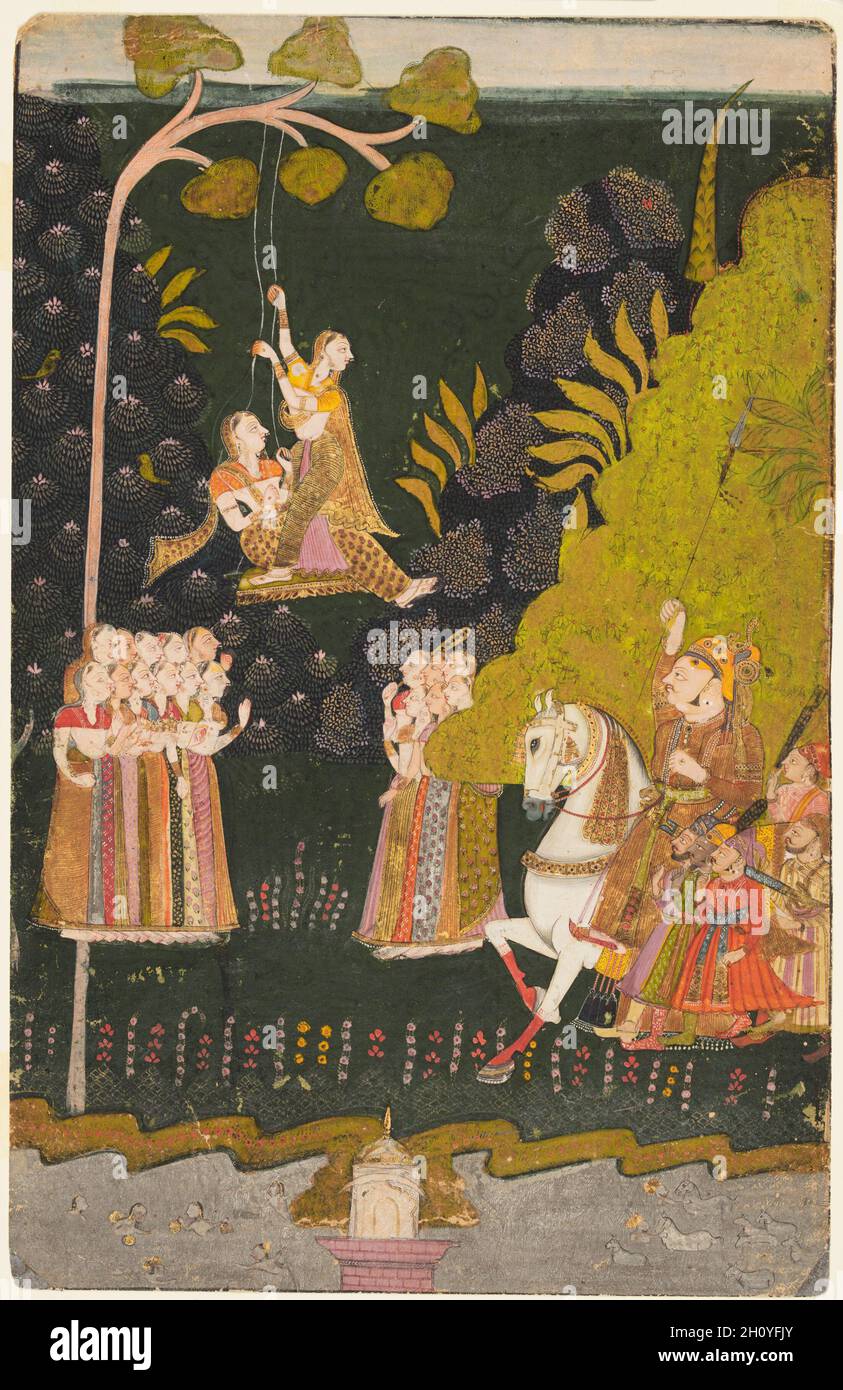 Maharaja Abhai Singh of Marwar (r. 1724–49), Equestrian, Watching Girls Swingingat the Teej Festival, c. 1740. Northwestern India, Rajasthan, Marwar, Rajput Kingdom of Jodhpur. Gum tempera and gold on paper; miniature: 29.9 x 19.4 cm (11 3/4 x 7 5/8 in.).  The festival of Teej is celebrated primarily by women in northern India and Nepal. The women sing and dance to welcome the monsoon season and observe fasts for the long life of their husbands. In the painting, two women can be seen playfully swinging on a tree branch while a group of women cheer for them. Stock Photo