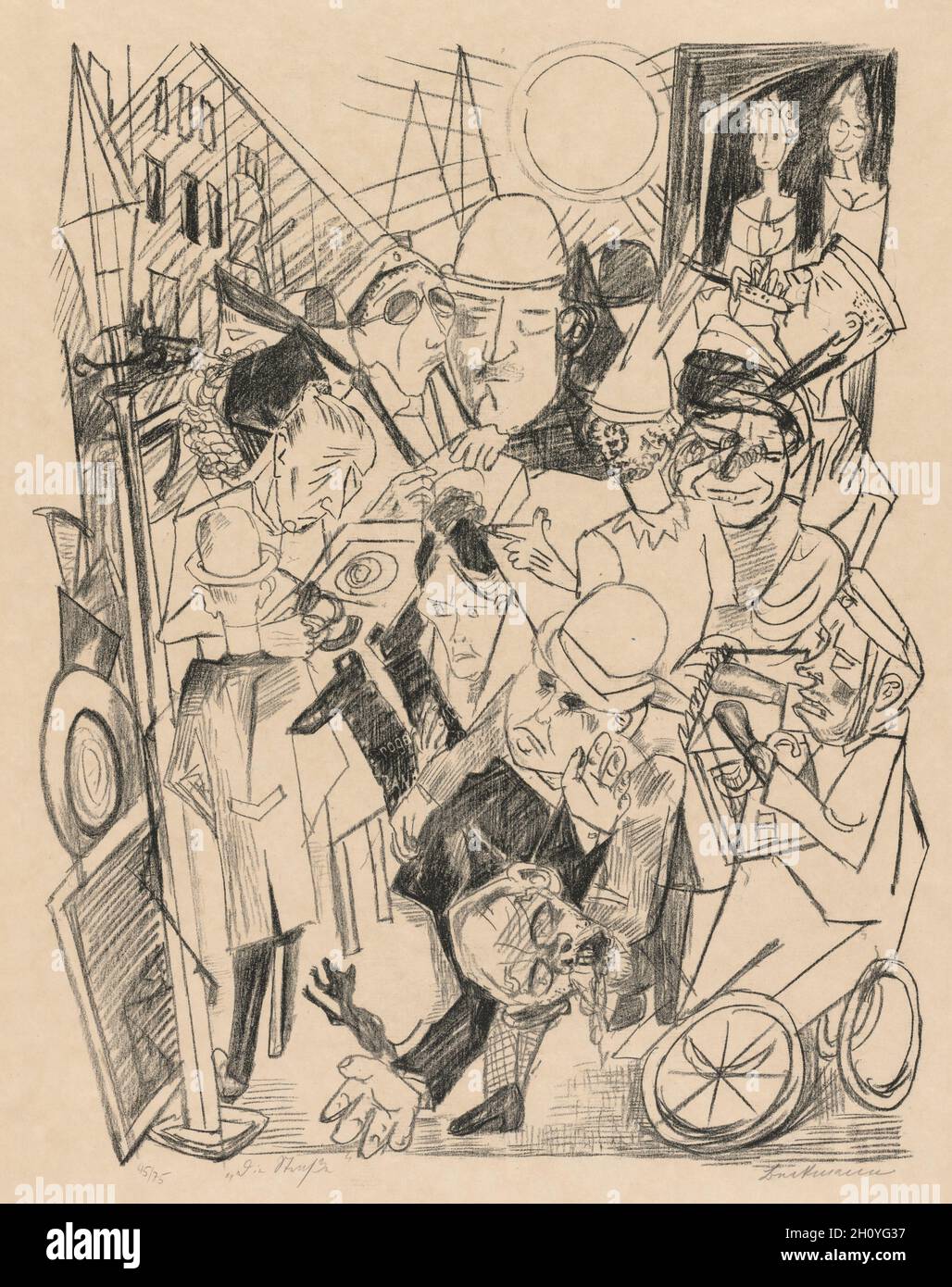 Hell: The Street , 1919. Max Beckmann (German, 1884-1950). Lithograph; sheet: 83.2 x 65.2 cm (32 3/4 x 25 11/16 in.).  After World War I, Max Beckmann produced a portfolio of lithographs under the title Die Holle (Hell). Its publication coincided with civil unrest including heavy street fighting during the so-called November Riots of 1918 that followed Germany’s defeat. Here, the caricatured faces and cropped, overpacked, and stage-like composition portray the ideologues, the war-maimed, the famished, and the deranged. One of Beckmann’s contemporaries, the art historian Paul Schmidt, wrote tha Stock Photo