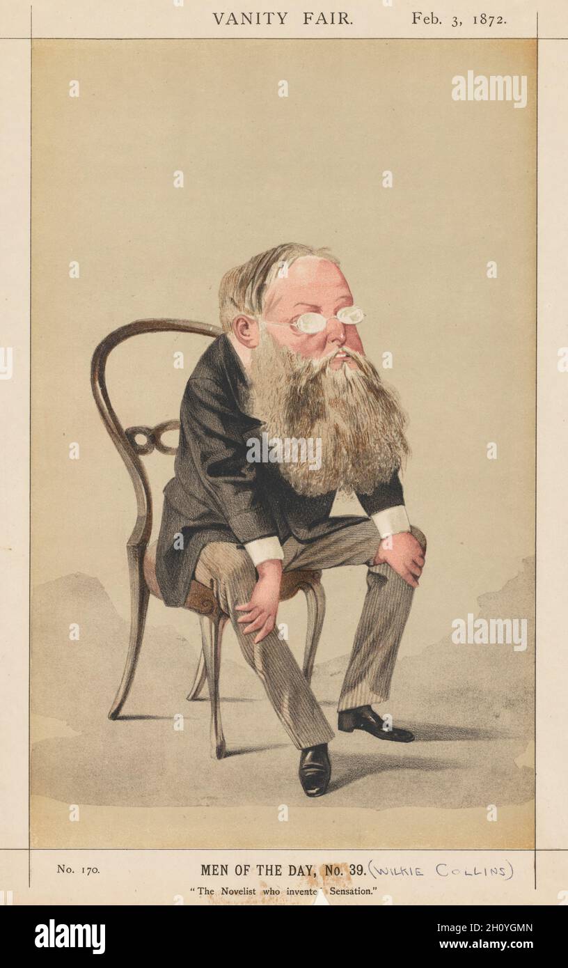 published February 3rd, 1872: Vanity Fair: Men of the Day, No. 39 'The Novelist who invented Sensation', 1872. Adriano Cecioni (Italian, 1836-1886), Vanity Fair. (Boston: Frame Central, 1992.) p. 3, 3 Feb. 1872, S. No. 39. Color lithograph; sheet: 35.5 x 22.7 cm (14 x 8 15/16 in.); image: 30.4 x 18.9 cm (11 15/16 x 7 7/16 in.). Stock Photo