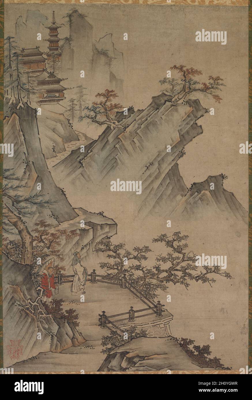 Chinese Literatus Viewing a Valley, possibly mid- to late 1500s–1600s. Japan, Muromachi period (1392-1573) to Edo period (1615-1868). Hanging scroll; ink and light color on paper; mounted: 137 x 46.3 cm (53 15/16 x 18 1/4 in.).  This painting depicts a well-recognized scene in East Asian painting most often associated with the Chinese Southern Song dynasty painter Ma Yuan: a figure, most likely a retired government official, contemplating a high mountain valley from a scenic overlook. The lower left corner of the painting has a tripod-shaped seal resembling that of Kano Hideyori. The work appe Stock Photo