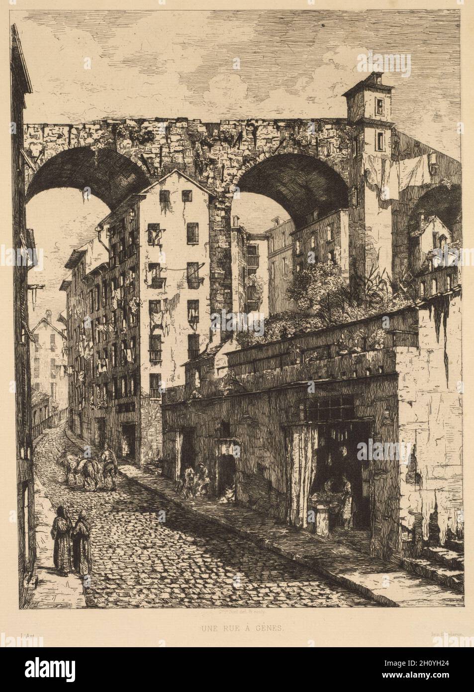 A Street in Genoa (Une rue à Gênes), 1878. Gabrielle-Marie Niel (French, 1840-1894), Printed by E. Delarue. Etching; sheet: 37.9 x 27.3 cm (14 15/16 x 10 3/4 in.); image: 29.6 x 22 cm (11 5/8 x 8 11/16 in.). Stock Photo