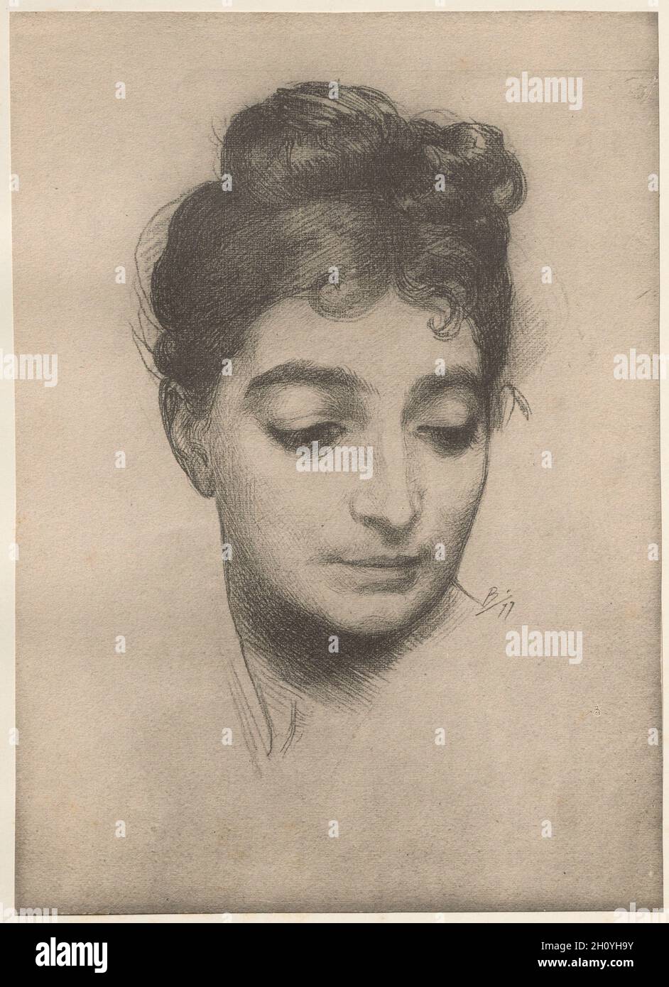 Portrait, 1899. Félix Bracquemond (French, 1833-1914), Imprimerie Champenois. Lithograph from bound volume containing 50 lithographs, each with a tissue paper guard; sheet: 29.4 x 21 cm (11 9/16 x 8 1/4 in.); image: 29.4 x 21 cm (11 9/16 x 8 1/4 in.); secondary support: 40.3 x 30.6 cm (15 7/8 x 12 1/16 in.). Stock Photo