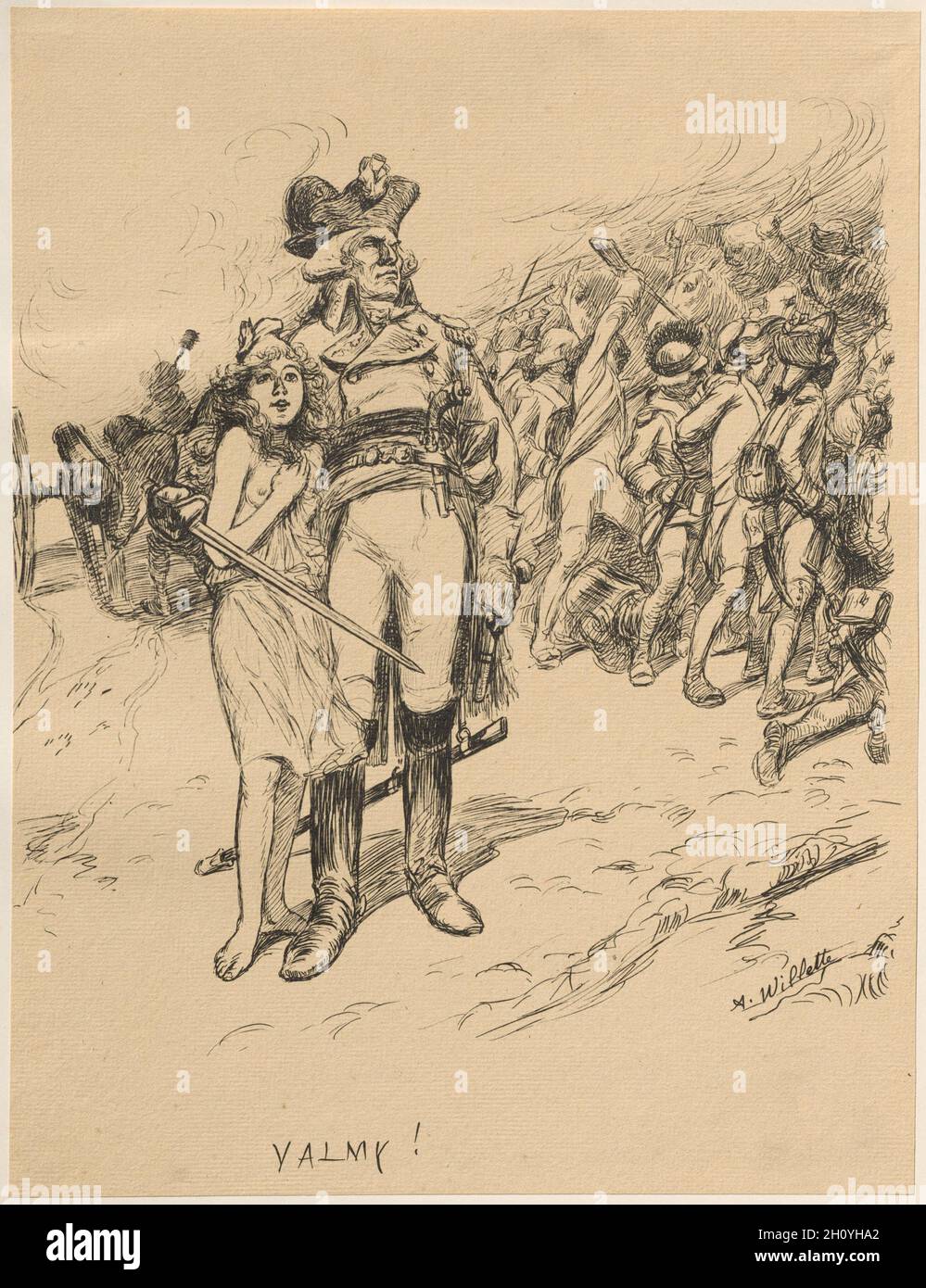 L'Estampe Moderne: Valmy: Valmy, 1899?. Adolphe Willette (French, 1857-1926), Imprimerie Champenois. Lithograph from bound volume containing 50 lithographs, each with a tissue paper guard; sheet: 30.2 x 23 cm (11 7/8 x 9 1/16 in.); image: 30.2 x 23 cm (11 7/8 x 9 1/16 in.); secondary support: 40.2 x 30.4 cm (15 13/16 x 11 15/16 in.). Stock Photo