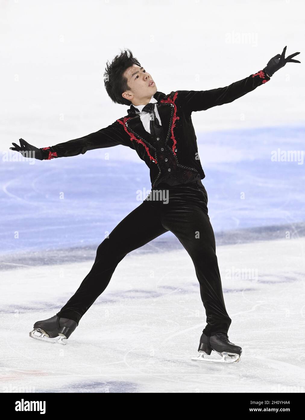 Japanese figure skater Shun Sato performs in the men's free skate at the Asian Trophy on Oct. 15, 2021, at Capital Indoor in Beijing, a test event for the 2022