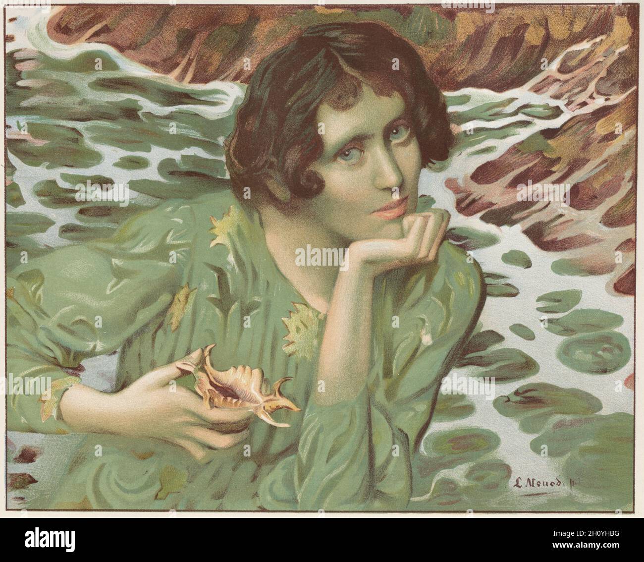 L'Estampe Moderne: La Voix des Sources: La Voix des Sources, 1899. Lucien-Hector Monod (French, 1867-1957), Imprimerie Champenois. Color lithograph from bound volume containing 50 lithographs, each with a tissue paper guard; sheet: 40.1 x 30.6 cm (15 13/16 x 12 1/16 in.); image: 24.7 x 30.7 cm (9 3/4 x 12 1/16 in.). Stock Photo