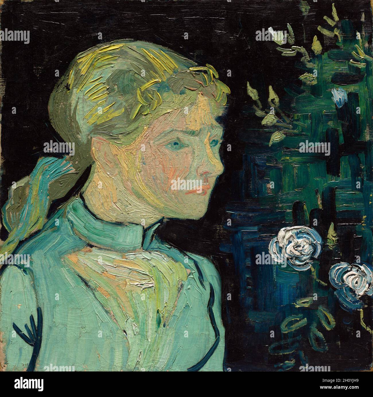Adeline Ravoux, 1890. Vincent van Gogh (Dutch, 1853-1890). Oil on fabric; framed: 72.5 x 73.5 x 8.5 cm (28 9/16 x 28 15/16 x 3 3/8 in.); unframed: 50.2 x 50.5 cm (19 3/4 x 19 7/8 in.).  In May 1890, Van Gogh left the south and settled in Auvers-sur-Oise, a small town north of Paris, where he rented a room at the inn of Arthur Ravoux. This portrait, completed during the last months of the artist’s life, depicts Ravoux’s 13-year-old daughter, Adeline. Van Gogh wrote that rather than photographic resemblance, he wanted his portraits to convey the “impassioned aspects” of contemporary life through Stock Photo