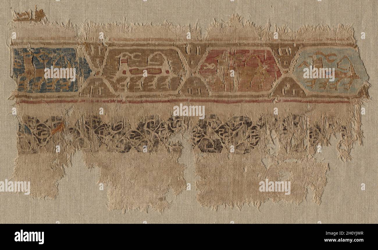 Fragment of a Tiraz-Style Textile, 1081 - 1094. Egypt, Fatimid period, latter part of Caliphate of al-Mustansir, AH 475-487 (A.D. 1081-1094). Tabby ground with inwoven tapestry ornament; linen and silk; overall: 20.4 x 36.9 cm (8 1/16 x 14 1/2 in.). Stock Photo