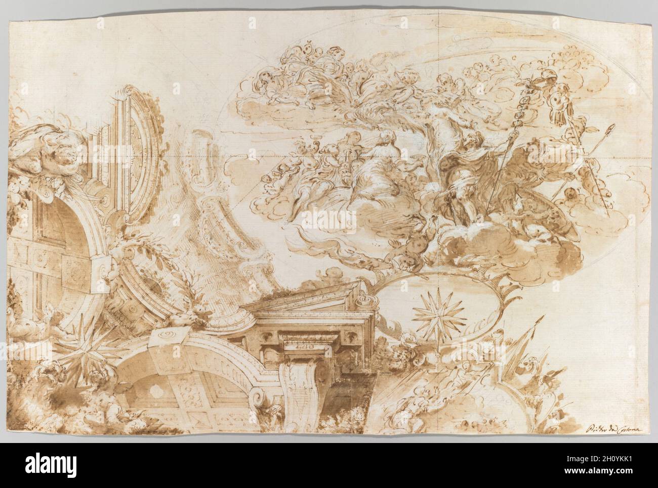 The Apotheosis of Romulus: Design for a Ceiling, c. 1675-76. Domenico Maria Canuti (Italian, 1625-1684). Black chalk, pen and brown ink, brown wash, heightened with white, with perspectival indications; sheet: 24 x 37.7 cm (9 7/16 x 14 13/16 in.).  Domenico Maria Canuti made this design for a quadratura ceiling fresco in preparation for a commission at the Palazzo Altieri in Rome. Quadratura describes painting in which architectural elements are painted to appear to be part of the real architectural setting. Canuti focused on establishing the visual coherence between the figures, portraying th Stock Photo