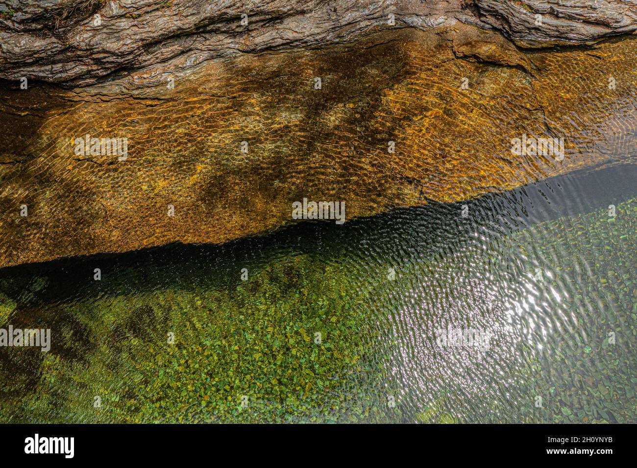 Top view of the water of a river and a rock bank. The wind gives the whole a superb texture. On the GR 70, Robert Louis Stevenson Trail, Cevennes, Fra Stock Photo