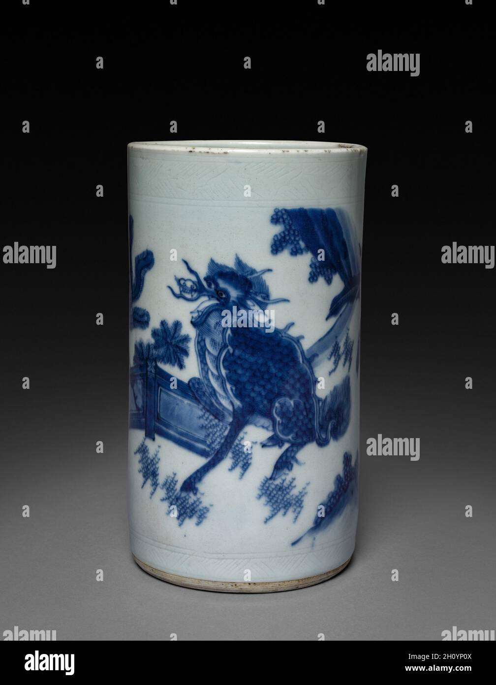 Brush Holder, 1628-44. China, Jiangxi province, Jingdezhen kilns,  "Transitional period", Ming dynasty (1368-1644), Chongzhen reign  (1628-1644). Porcelain; overall: 19.1 cm (7 1/2 in.). This porcelain brush  holder is considered to have been