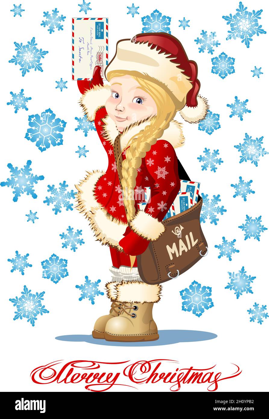 Vector greeting Christmas card with Snow Maiden Postman delivering