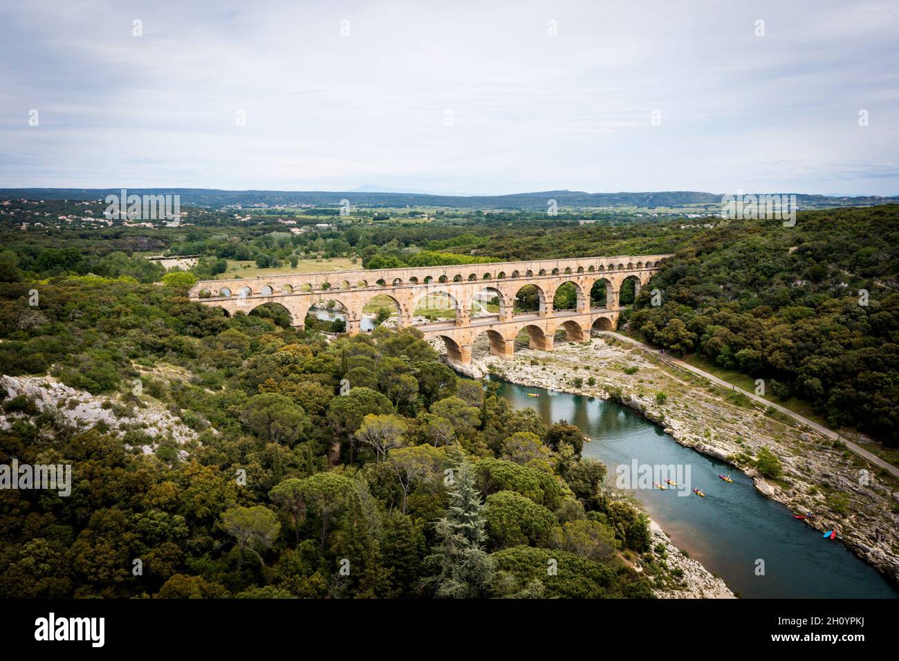 Roman aqueduct, Pont-du-Gard, Languedoc-Roussillon France, Aerial view Stock Photo