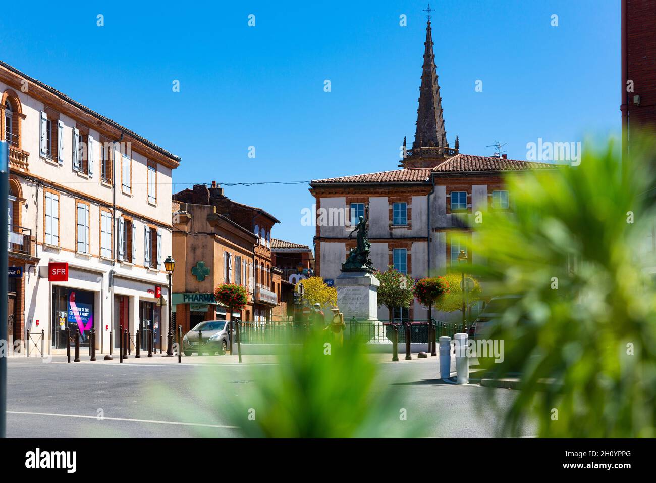 Centre of Muret overlooking bell tower of Saint Jacques Church Stock Photo