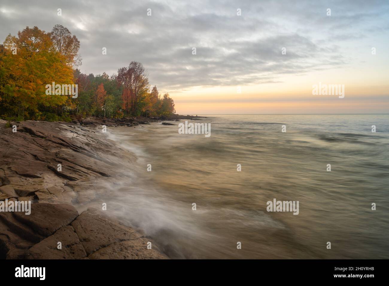 Dusk settles over Union Bay shoreline in autumn colors and Lake