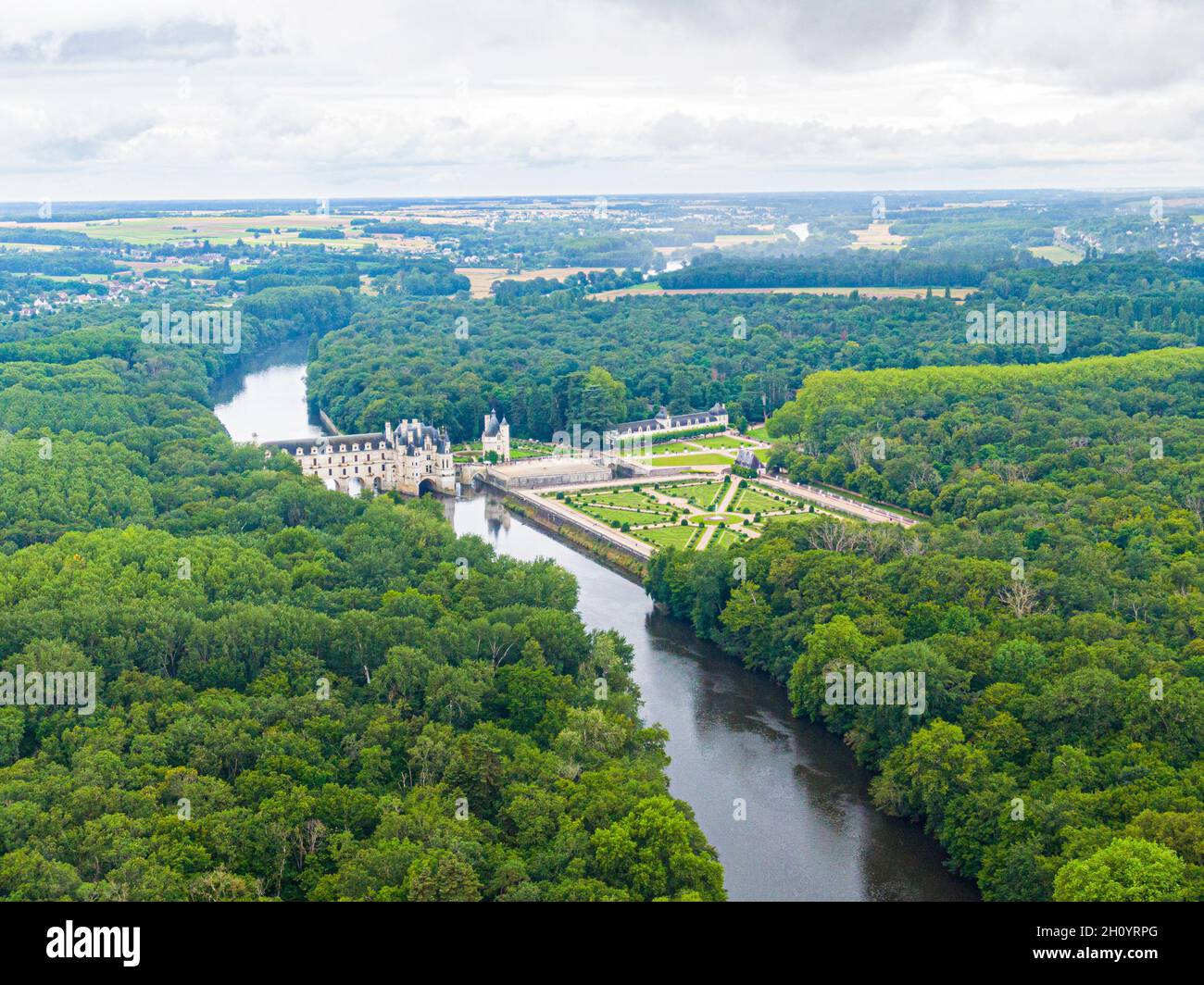 Aerial view over Chenonceau castle, Loire valley, France, Sologne Stock Photo