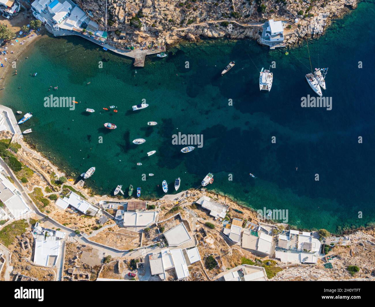 Aerial view on Cheronissos bay and port, Sifnos greek island Stock Photo