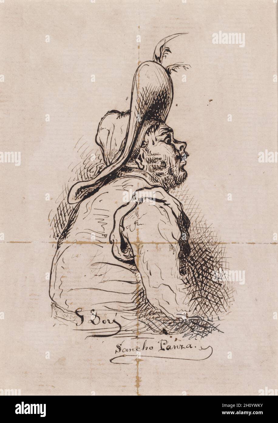 Sancho Panza, c. 1863. Gustave Doré (French, 1832-1883). Pen, brown ink, black ink on modern laid paper; sheet: 14.4 x 10.5 cm (5 11/16 x 4 1/8 in.).  This image is one of a large group of illustrations that French artist Gustave Doré made for an 1863 edition of Miguel de Cervantes’s novel Don Quixote, originally published in 1605. It depicts Sancho Panza, the humorous sidekick of the novel’s hero. Placed at the end of a chapter in the book, this vignette emphasizes Sancho’s stocky form and curiosity, as he looks forward attentively. Stock Photo