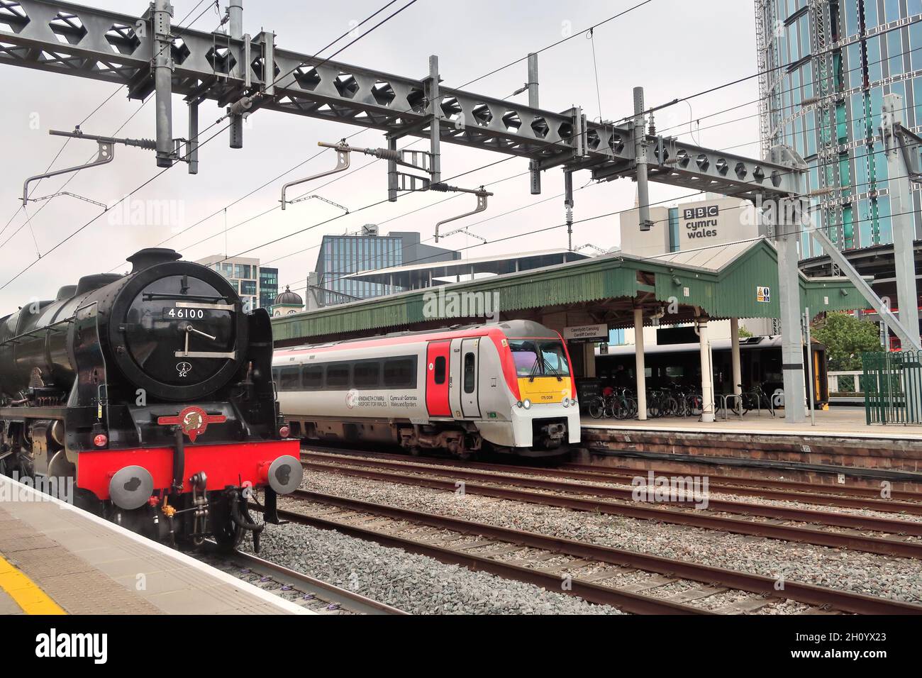 LMS locomotive No 46100 Royal Scot at Cardiff Central station after hauling the Saphos Trains railtour The Welshman from Kingswear. 14.09.2021. Stock Photo
