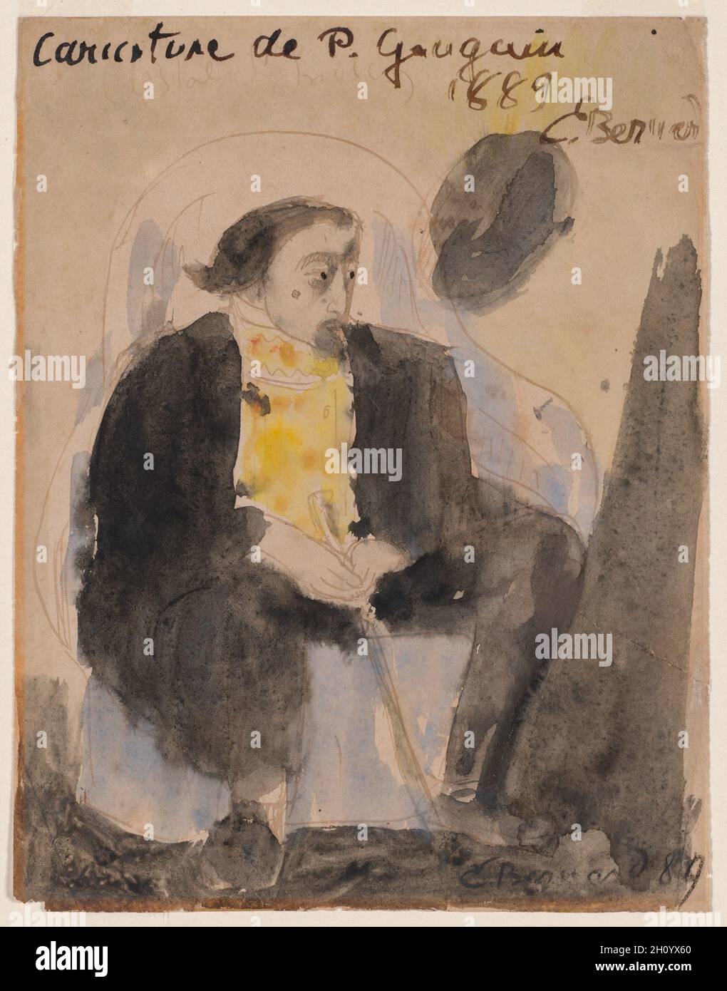 Caricature of Paul Gauguin, 1889. Émile Bernard (French, 1868-1941). Watercolor and black ink on paper; sheet: 19.9 x 15.5 cm (7 13/16 x 6 1/8 in.).  Émile Bernard worked closely with Paul Gauguin in the village of Pont-Aven during the late 1880s, adopting a new style that emphasized imagination rather than observed reality. This caricatural portrait dates to their most intense period of collaboration, and shows Gauguin as the leader of a new school of painting, seated regally and holding a walking stick that resembles a scepter. Stock Photo