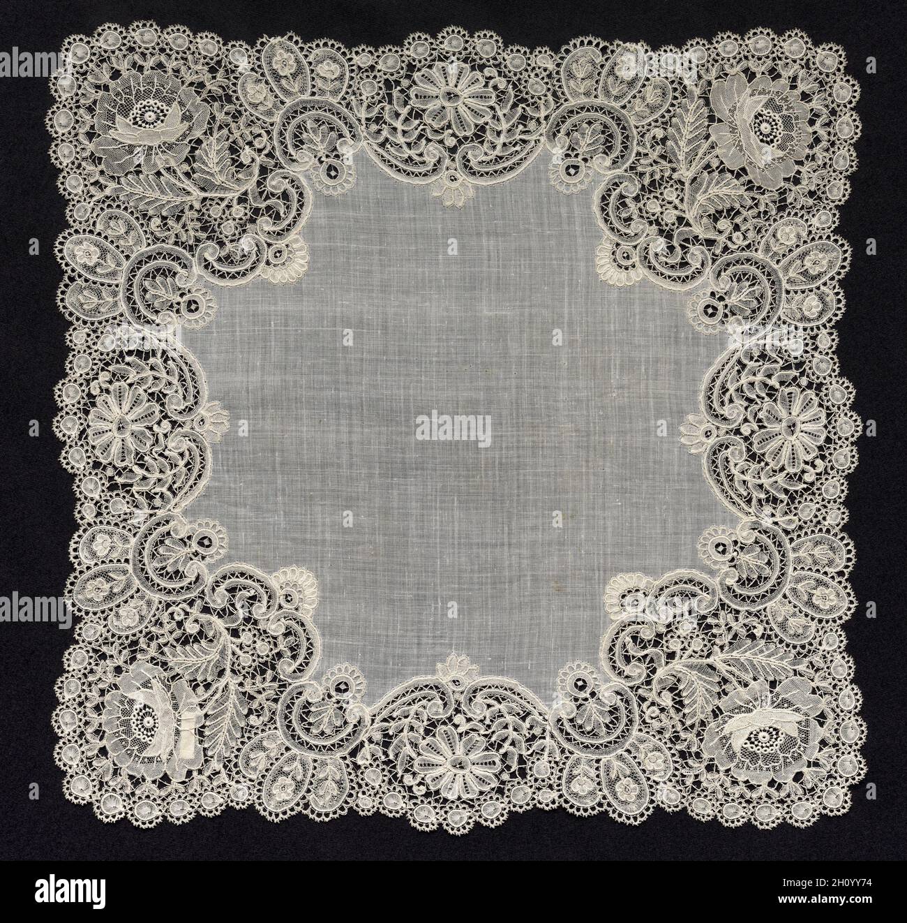 Bobbin (Point Duchesse) and Point Lace Handkerchief, 19th century. Belgium, Brussels, 19th century. Lace, bobbin and point: linen; average: 36.9 x 36.9 cm (14 1/2 x 14 1/2 in.). Stock Photo