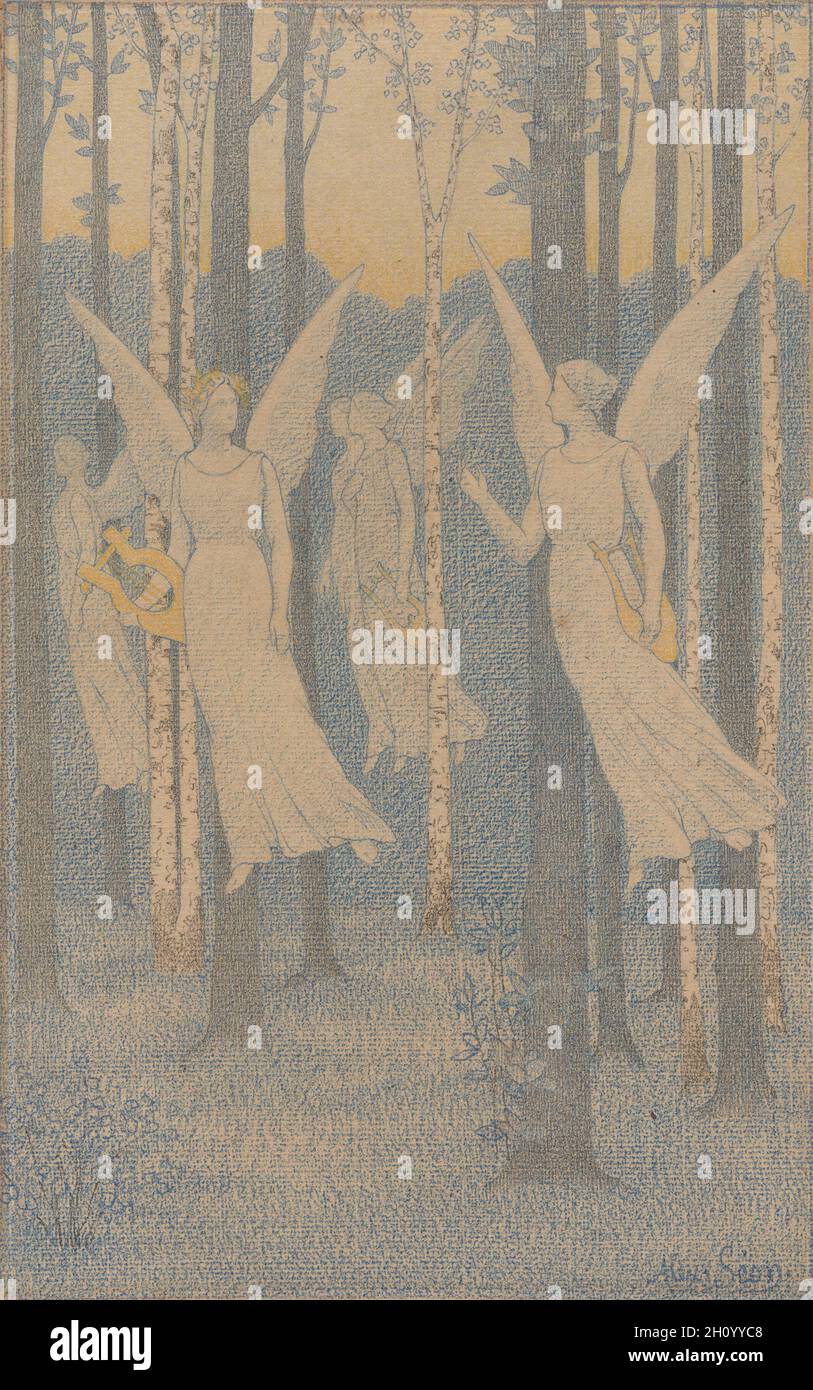 Study for In the Woods, Evening, 1892-94. Alexandre Séon (French, 1855-1917). Colored pencils on laid paper; sheet: 35.2 x 23 cm (13 7/8 x 9 1/16 in.).  In this drawing of nymphs holding lyres, Alexandre Séon hoped to depict, in his words, “the spirit of the forest.” He was inspired by fairy-tales he heard as a child about the woods near the remote village where he grew up. By applying colored pencils to a roughly textured sheet of paper, Séon evoked the hazy tones of twilight and gave the sheet a dreamlike tenor. Stock Photo