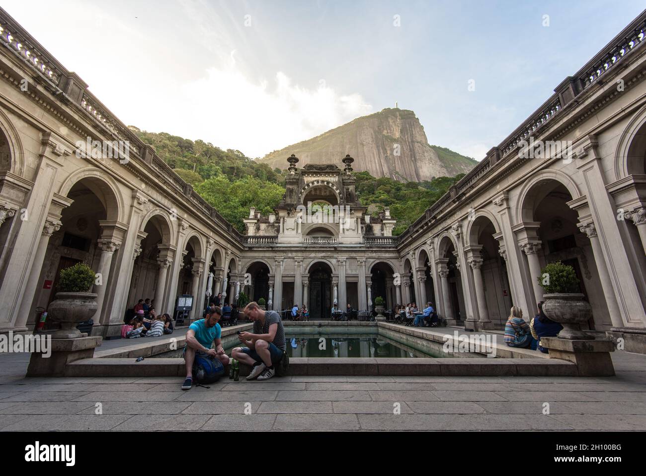 RIO DE JANEIRO, BRAZIL - JULY 8, 2016: Courtyard of the mansion of Parque Lage. Visual Arts School and a cafe are open to the public. Stock Photo