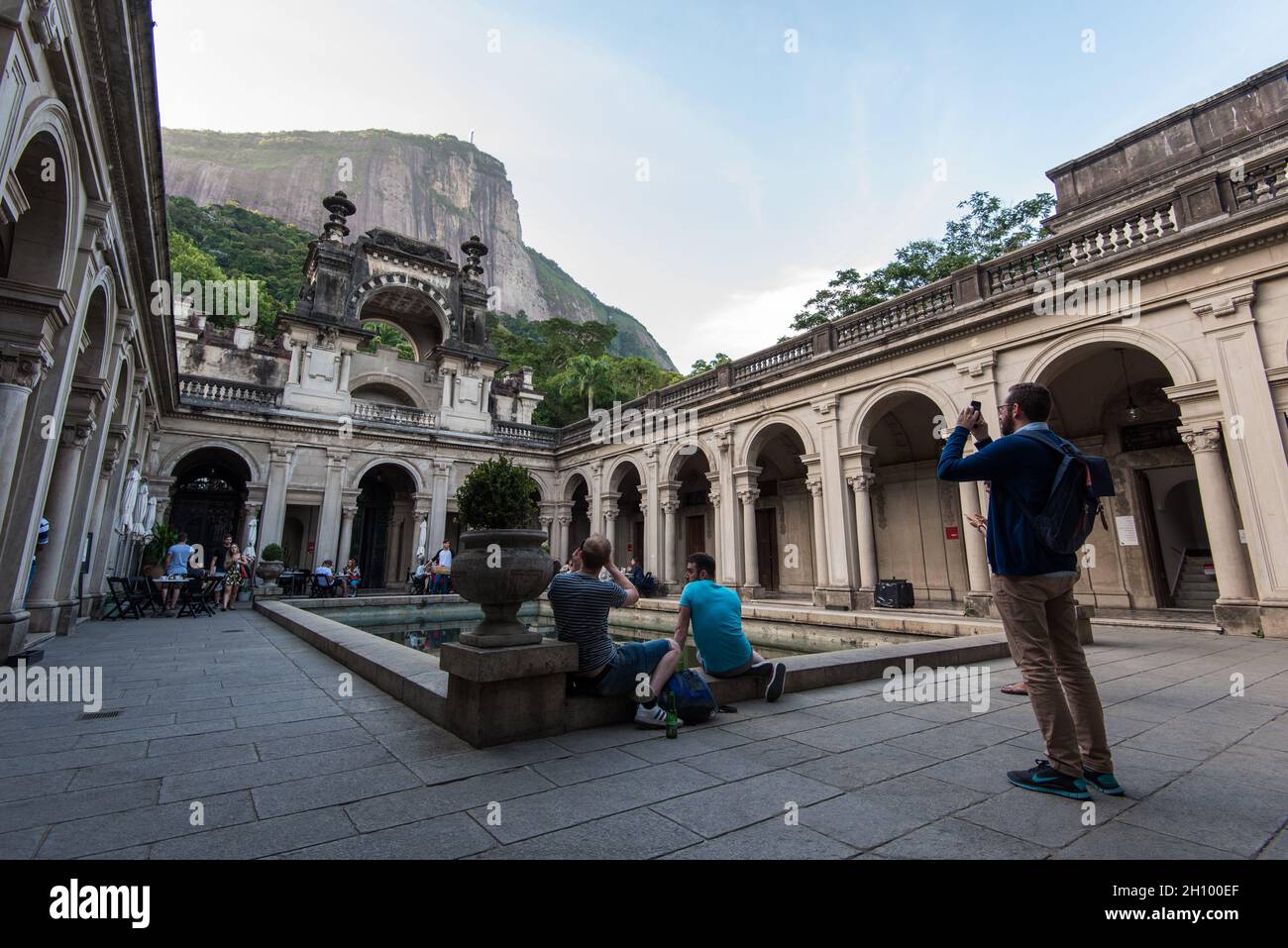 RIO DE JANEIRO, BRAZIL - JULY 8, 2016: Courtyard of the mansion of Parque Lage. Visual Arts School and a cafe are open to the public. Stock Photo