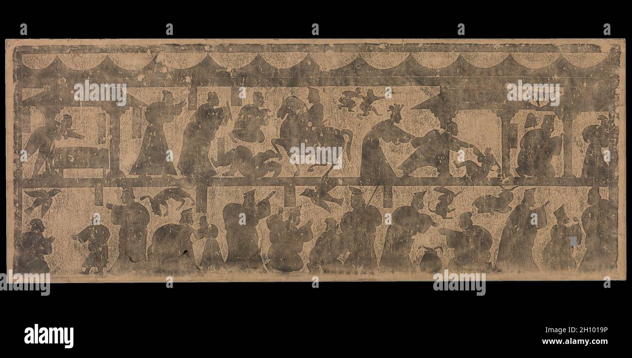 Rubbing of a Stone from the Tang-Fang Collection, 1900-1916. China, Qing dynasty (1644-1911) or Republican period (1912-49). Rubbing, ink on paper; overall: 135.3 x 52.7 cm (53 1/4 x 20 3/4 in.).  This rubbing corresponds in composition with stone reliefs from the east wall in stone chamber 3 of the Wu Liang shrine. The upper register illustrates stories of virtuous women. Read from right to left, the last scene in the upper left corner shows a bed under a roof that is labeled “Virtuous Woman of the Capital.” The story relates that a woman was blackmailed into helping to kill her husband. She Stock Photo