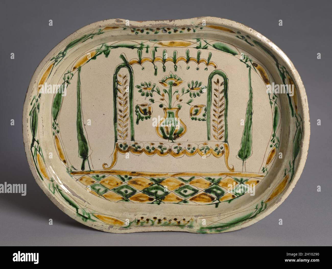 Shaving Bowl, c. 1830. Mexico, Guanajuato, 19th century. Pottery; overall: 24.5 x 33 cm (9 5/8 x 13 in.). Stock Photo