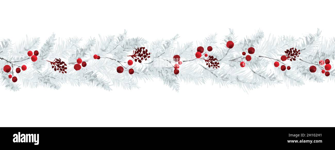 Horizontal border with pine branches and berry on white background. Suitable for decorative in Christmas festival, header design, cover, greeting card Stock Vector