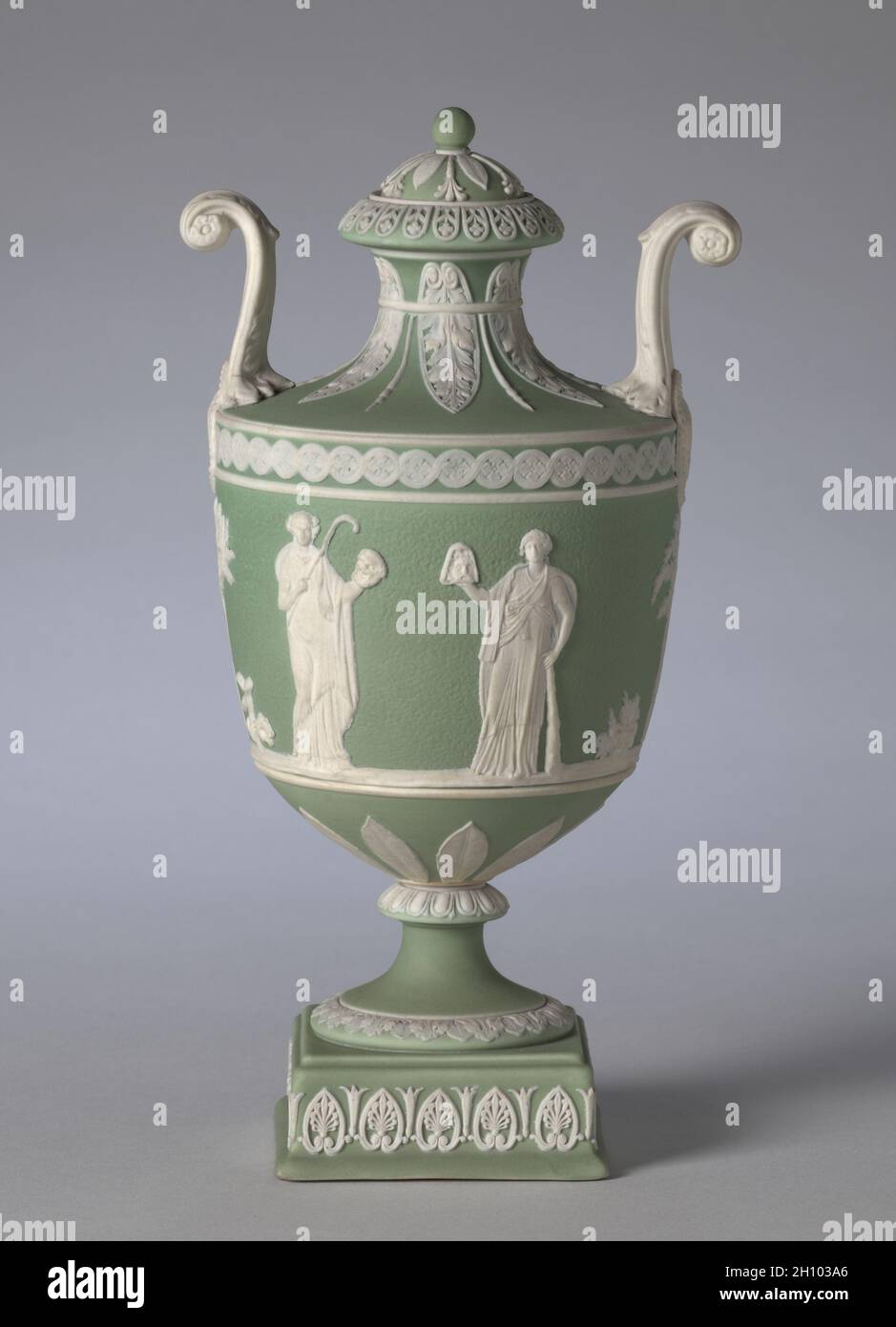 Covered Urn, c. 1800. Wedgwood Factory (British). Jasper ware with relief decoration; overall: 19.7 cm (7 3/4 in.). Stock Photo