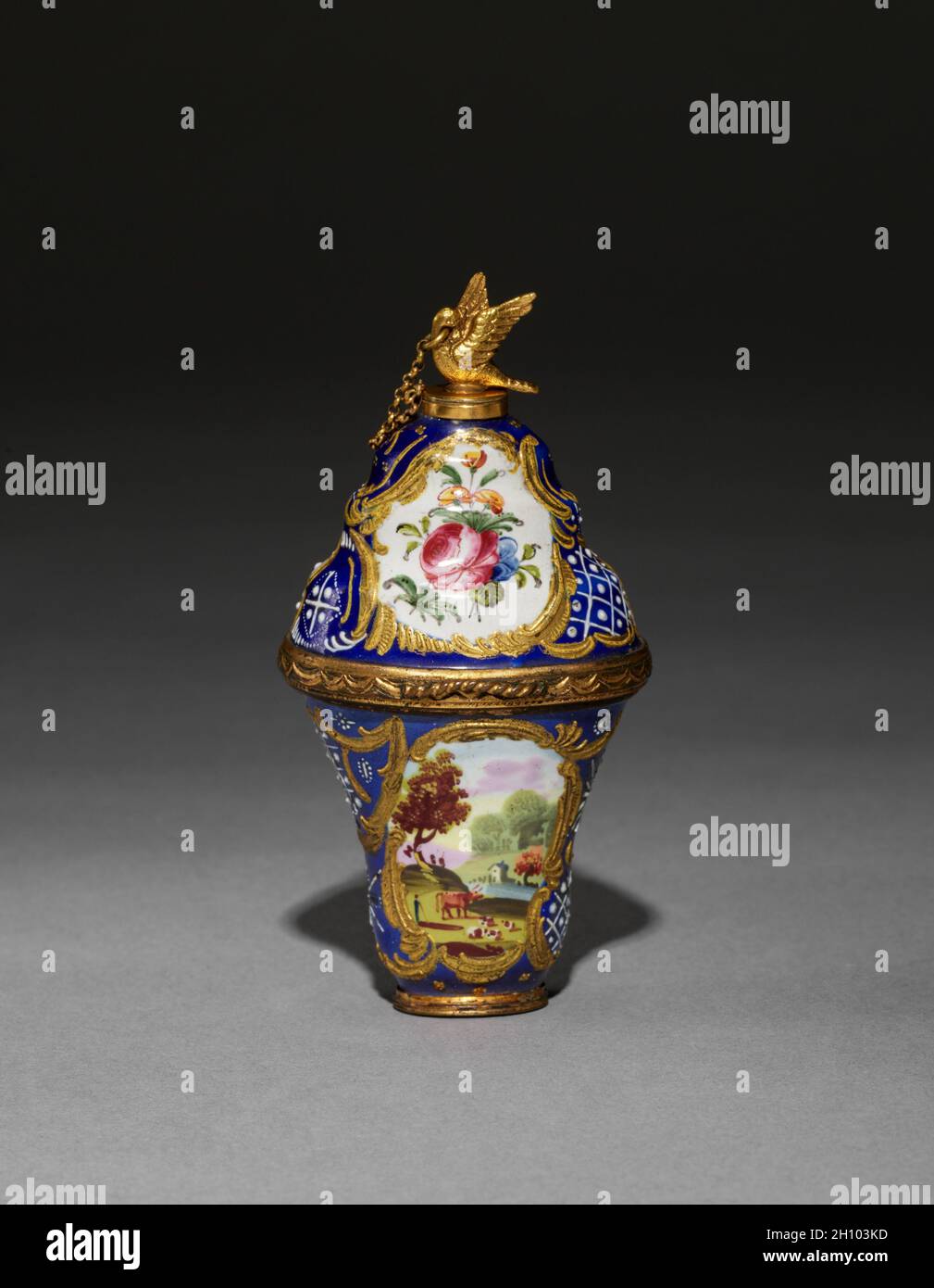 Scent Bottle and Box, 1750-1775. Staffordshire Factory (British). Enamel on copper with metal mounts; overall: 9.3 x 4.8 cm (3 11/16 x 1 7/8 in.). Stock Photo