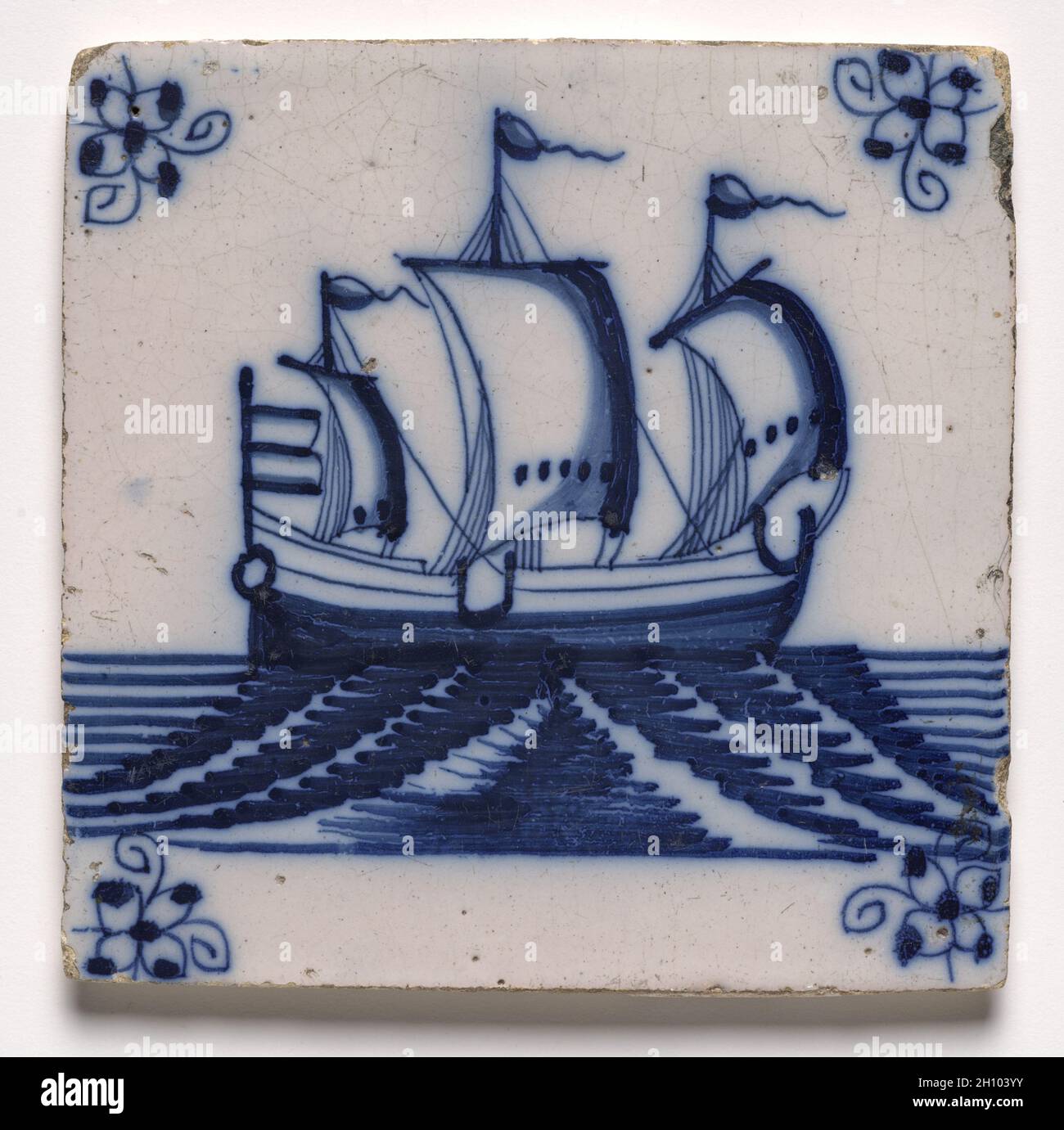Tile- Ship, c 1700s. Holland/ Netherlands, 18th century. Glazed ceramic; overall: 13 x 13 cm (5 1/8 x 5 1/8 in.). Stock Photo