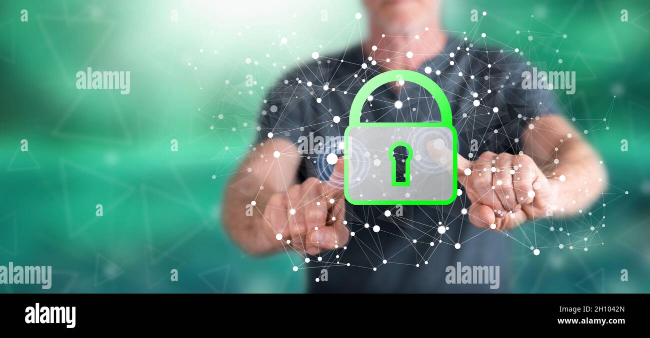 Man touching a data security concept on a touch screen with his fingers ...
