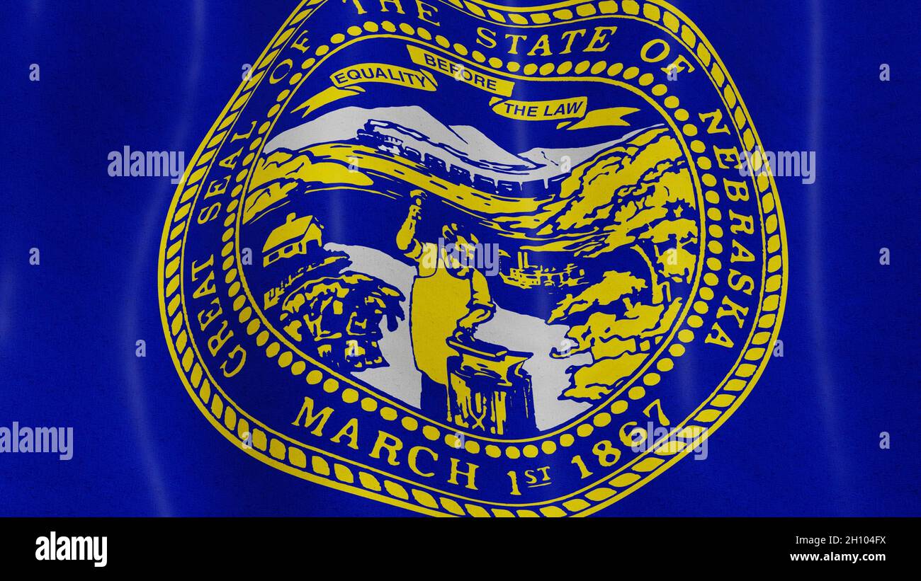 Waving Nebraska flag loop close up. American emblem concept waving. 3d render. Stock Photo