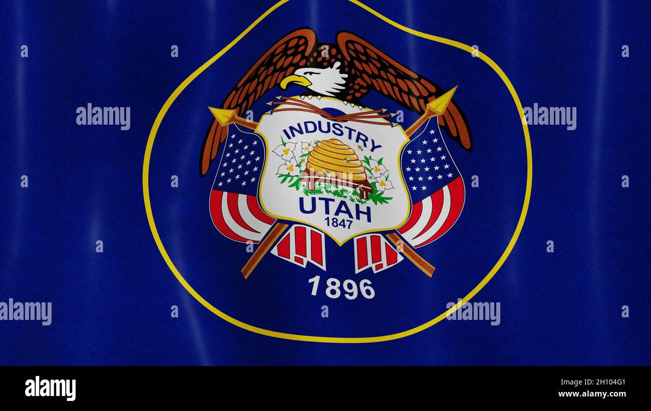 Waving Utah full flag flying close up. American flagpole fluttering in the sky. 3d render. Stock Photo
