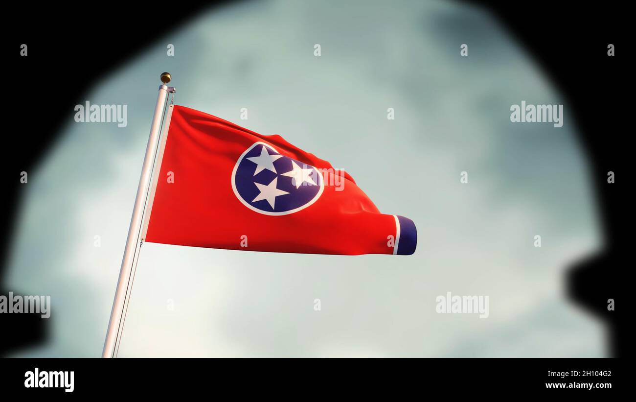 Tennessee State Flag Waves on a sky background. United States waving emblem, USA. 3d render. Stock Photo