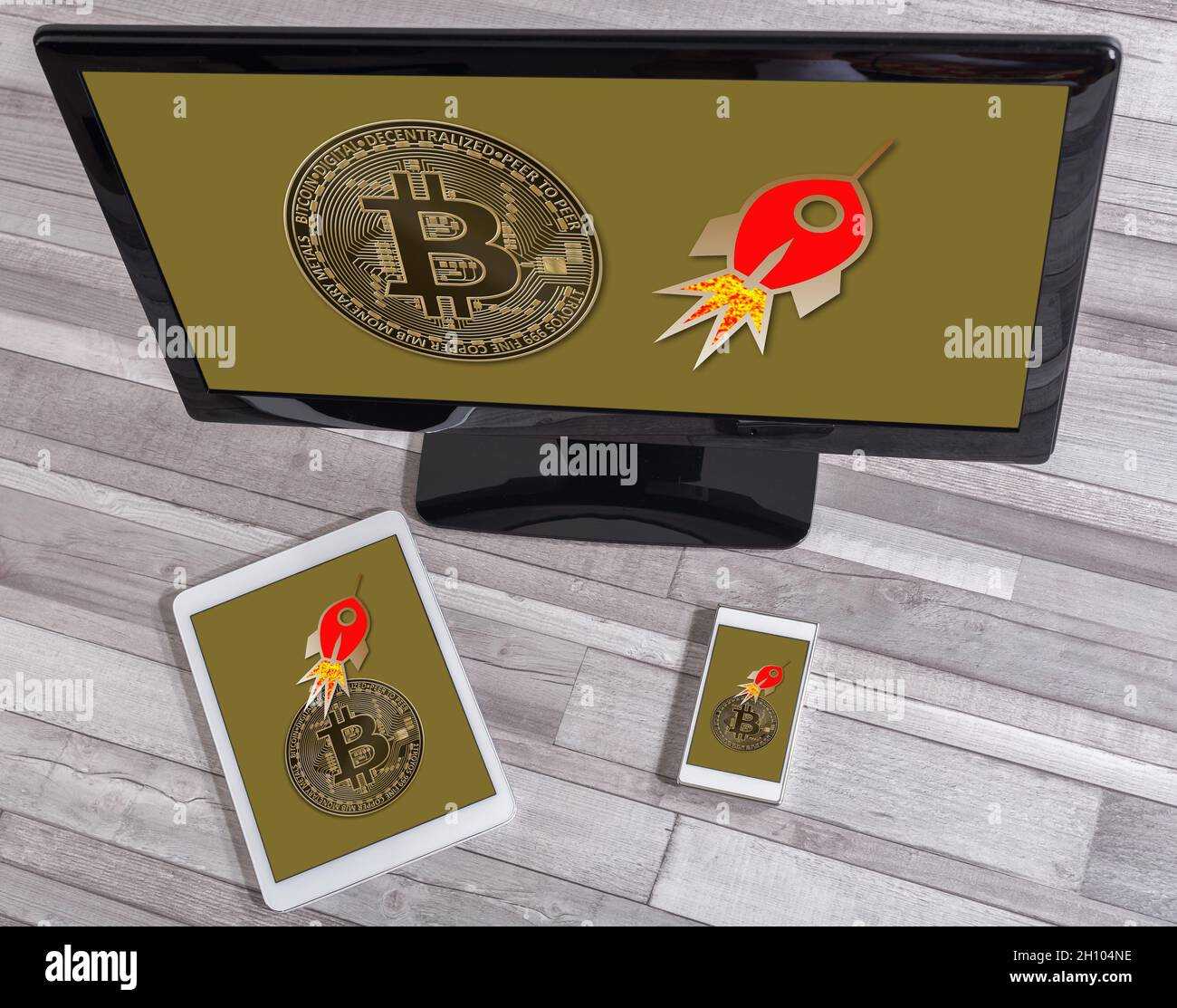 Bitcoin growth concept shown on different information technology devices Stock Photo