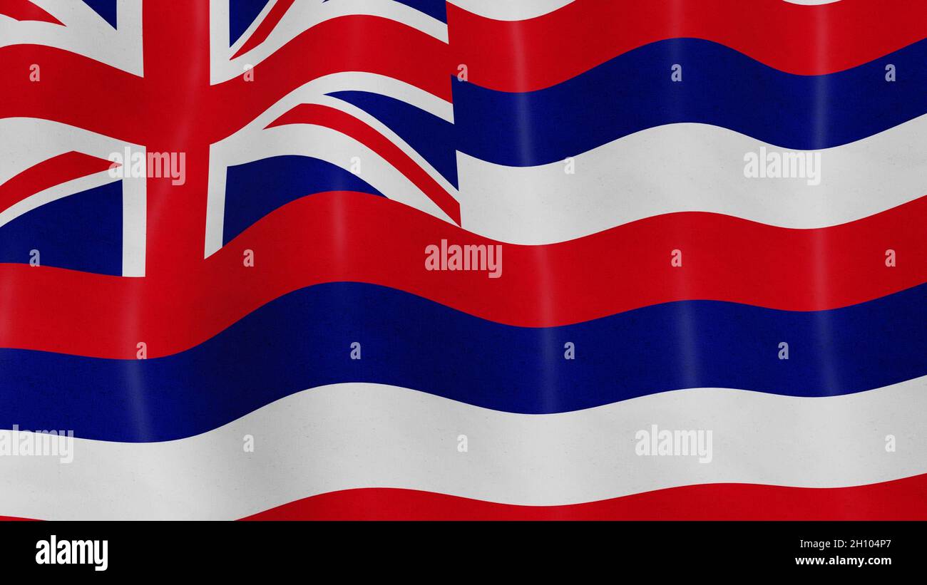 Hawaii flag close up emblem waving. American symbol waving in the sky. 3d render. Stock Photo