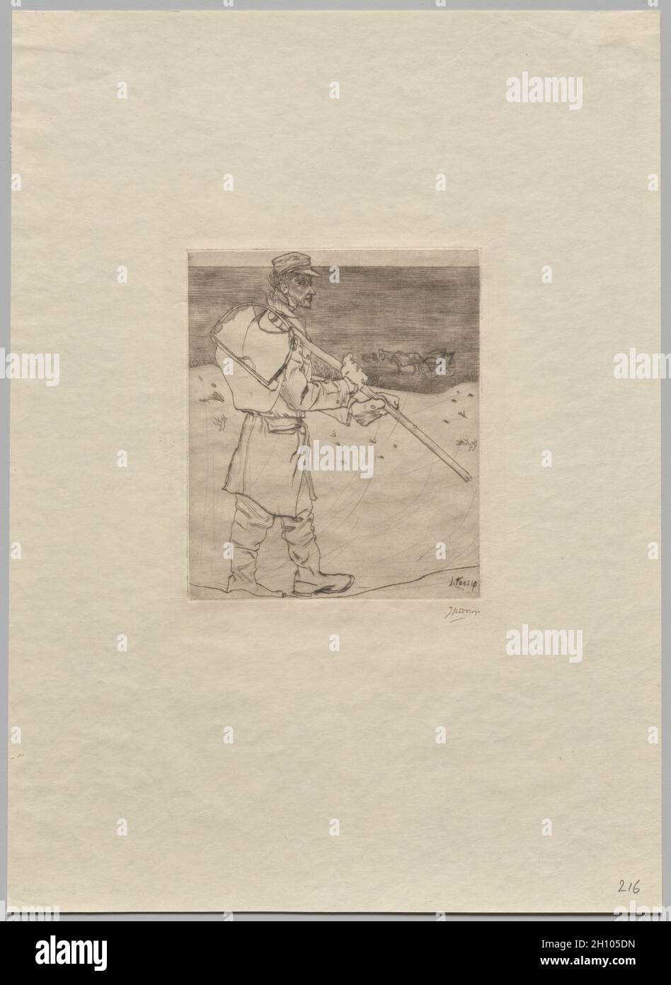 The Shell Fisherman, 1902. Jan Toorop (Dutch, 1858-1928). Drypoint; platemark: 18.5 x 15.5 cm (7 5/16 x 6 1/8 in.); sheet: 38.1 x 35 cm (15 x 13 3/4 in.).  Jan Toorop made The Shell Fisherman when he lived in Katwijk aan Zee, a small fishing village on the coast of the North Sea in the Netherlands. His interest in portraying the timeless relationship between humans and the land and sea led him to depict a shell fisherman, presented in profile against the dunes and the sea, carrying his scoop-net on a long pole over his shoulder. His deeply weathered features are evidence of his rugged labor. Stock Photo