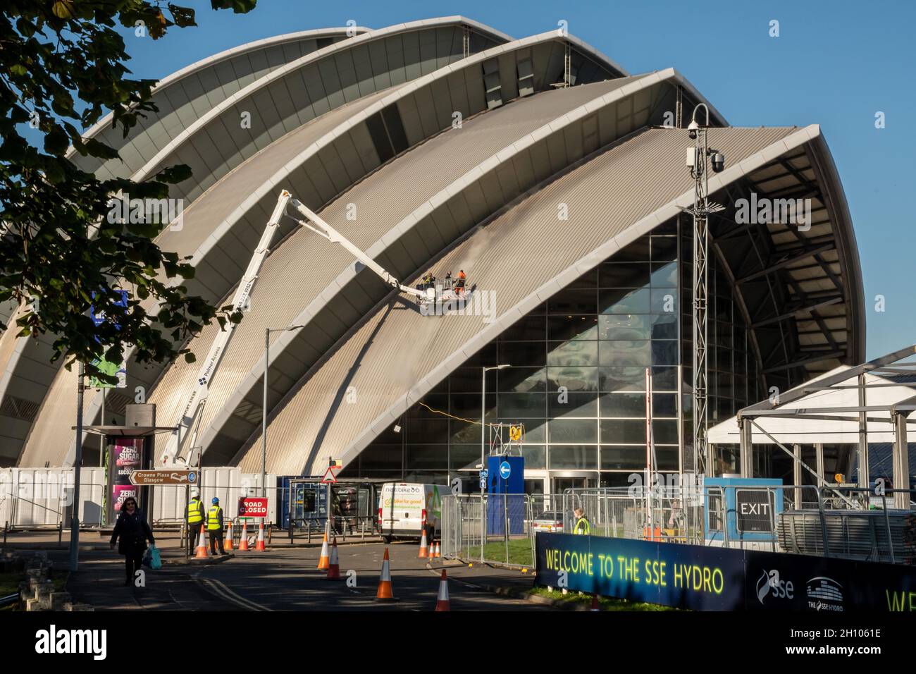 SEC Armadillo receives cleaning and maintenance work to it's exterior as part of venues preparations to be part of the Blue Zone of COP26 in Glasgow. Stock Photo