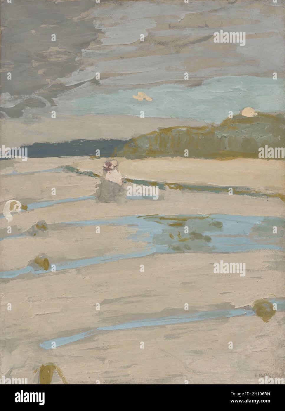 The Beach at Saint-Jacut, 1909. Edouard Vuillard (French, 1868-1940). Distemper on paper, laid down on canvas; image and sheet: 57.8 x 43.2 cm (22 3/4 x 17 in.); mounted: 58.7 x 44.3 cm (23 1/8 x 17 7/16 in.).  Édouard Vuillard spent the summer of 1909 in the French coastal town of Saint-Jacut de la Mer, known for its beaches and bathing. Sharing housing with a group of artist friends, Vuillard sketched and painted avidly, depicting the seascape in several works including this drawing. Here, the artist emphasized the remoteness of the beach, depicting a woman sitting alone, wearing a gray dres Stock Photo