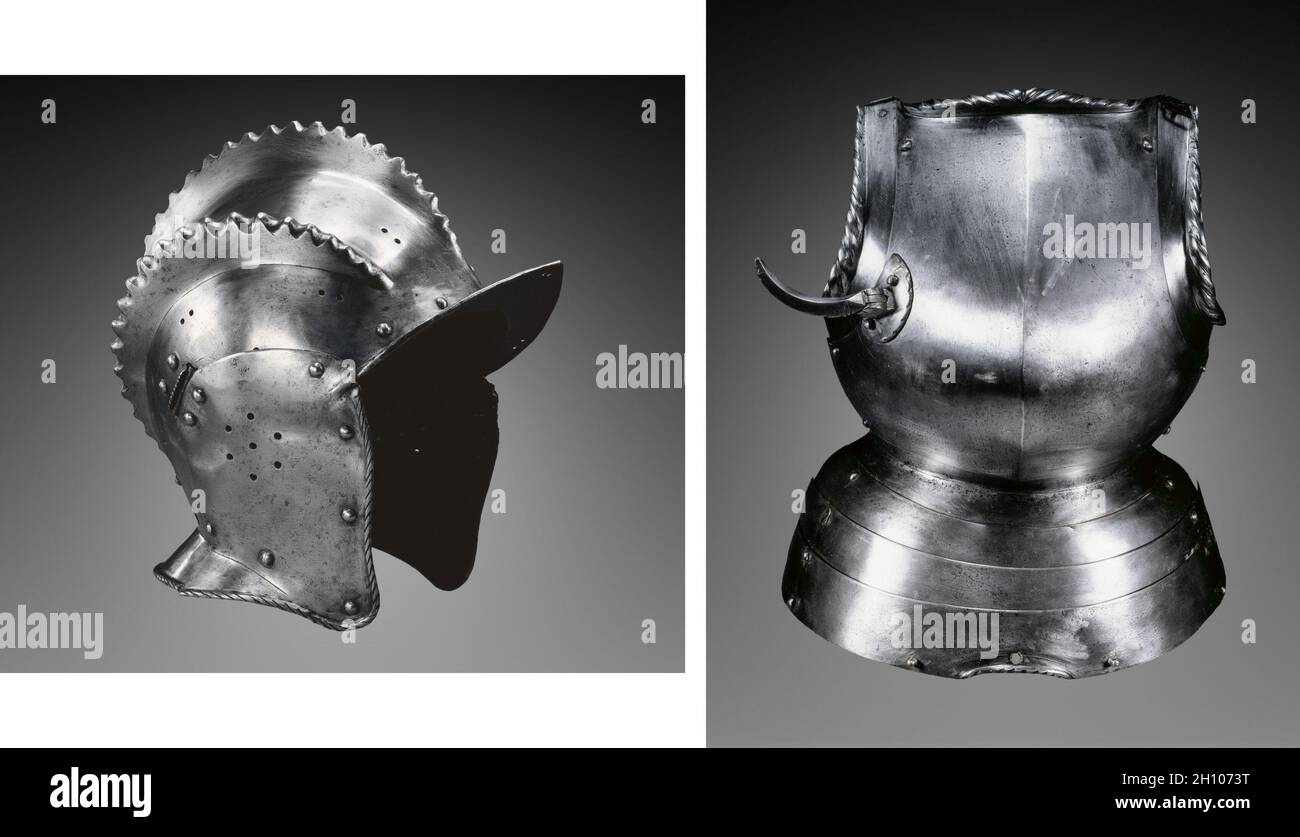 Elements from an Armor, c. 1540–70. Germany, 16th century. Steel, leather bands; steel; steel and leather;  A full suit of armor comprises over a dozen different pieces. Here there are several elements including a burgonet, a gorget, pauldrons, and a breastplate. Popular throughout the 1500s and 1600s, the burgonet was a light, open headpiece favored by cavalry and infantry alike. Its main features are a peak over the eyes and hinged cheekpieces that fasten with a strap or lace under the chin. A gorget is an element of armor that protects the neck, throat, and upper part of the chest. It norma Stock Photo