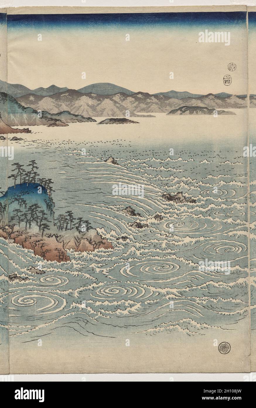 The Whirlpools of Awa, 1857. Utagawa Hiroshige (Japanese, 1797-1858). One of a triptych of color woodblock prints; sheet: 38.4 x 25.8 cm (15 1/8 x 10 3/16 in.).  Late in his career, Hiroshige explored the poetic theme of setsugekka, “snow, moon, and flowers,” in a set of three triptychs. The swirling whirlpools at Awa would remind the viewer of flowers. Stock Photo