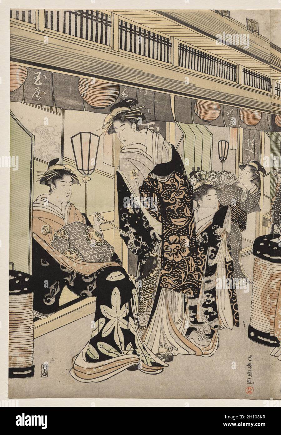 Courtesans Promenading on the Nakanocho, c. 1790. Utagawa Toyokuni (Japanese, 1769-1825). Triptych: color woodblock print; sheet: 37.5 x 25.4 cm (14 3/4 x 10 in.).  The Nakanocho was the main street in the famous Yoshiwara pleasure district, a walled enclosure that housed as many as 4,000 courtesans during its height. In the early evening, elaborately dressed courtesans, accompanied by attendants, promenaded on the main thoroughfare, as in this scene. On the left side of the street, an unaccompanied courtesan holding a long, slender pipe lounges on a porch and converses with another courtesan. Stock Photo