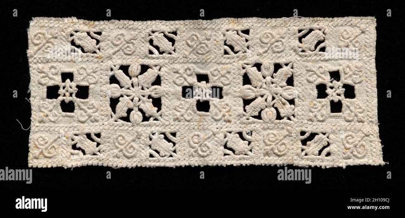 Needlepoint (Cutwork) Lace Insertion, 16th century. Italy, Venice, 16th century. Lace, needlepoint: linen; average: 7.4 x 17.2 cm (2 15/16 x 6 3/4 in.). Stock Photo