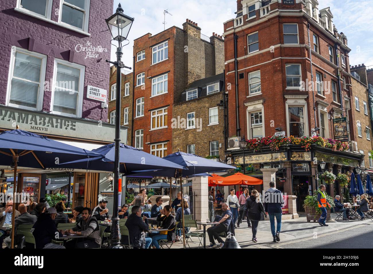 Busy and lively James Street, just off Oxford Street, lined with restaurants, Marylebone, City